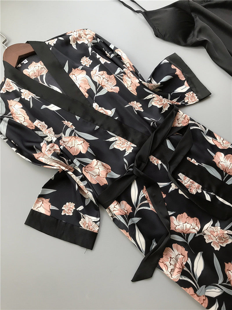 Women's Four Piece Sleepwear Gown V-neck Kimono Robe Shorts and Top