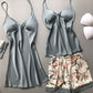 Women's Four Piece Sleepwear Gown V-neck Kimono Robe Shorts and Top