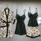 Women's Four Piece Sleepwear Gown V-neck Kimono Robe Shorts and Top