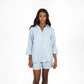 Crepe Cotton Turn-Down Collar Button Down Nine Quarter Sleeve Top Elastic Waistband Shorts