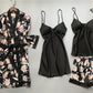 Women's Four Piece Sleepwear Gown V-neck Kimono Robe Shorts and Top